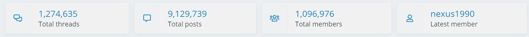 NamePros forum dashboard showing 1,274,635 total threads, 9,129,739 total posts, and 1,096,976 total members